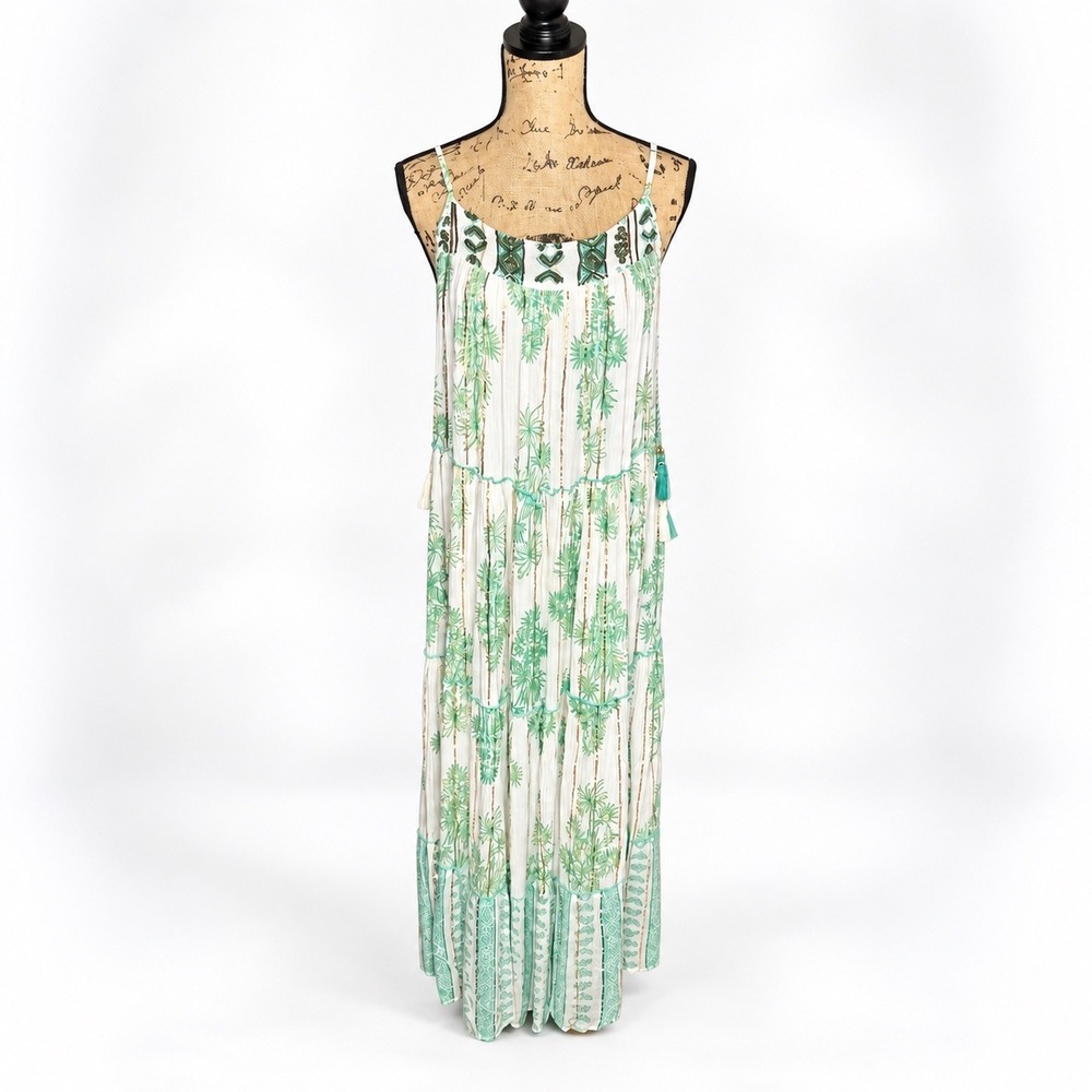 ANANTA Boho Beaded Green Botanical Tiered Rayon Maxi Dress